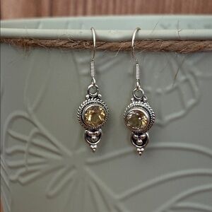 Genuine Natural Golden Citrine Sterling Silver Dangle Earrings French Hook Round